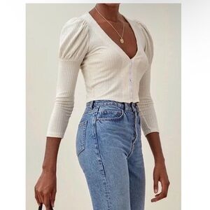 Reformation Einkorn Puff Sleeve Knit Top, Cream, Sz XS